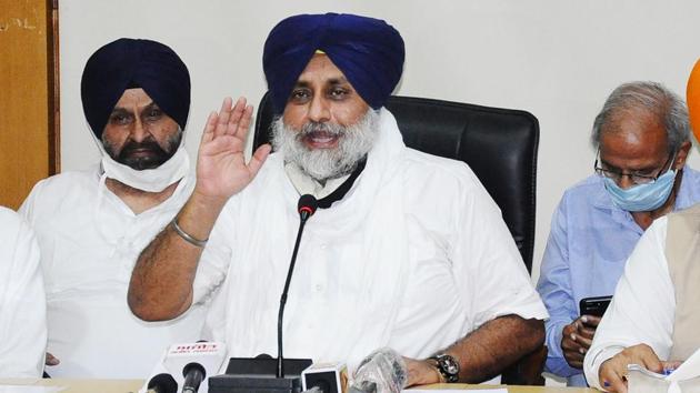 SAD chief Sukhbir Singh Badal addressing the media after the party’s core committee meet.(HT PHOTO)