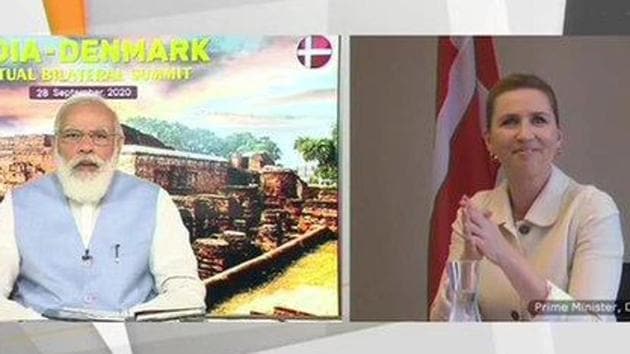 Prime Minister Narendra Modi participated in his first virtual summit with a counterpart from a European Union nation, Danish Prime Minister Mette Frederiksen on Monday.(ANI PHOTO.) Prime Minister Narendra Modi participated in his first virtual summit with a counterpart from a European Union nation, Danish Prime Minister Mette Frederiksen on Monday.(ANI PHOTO.)