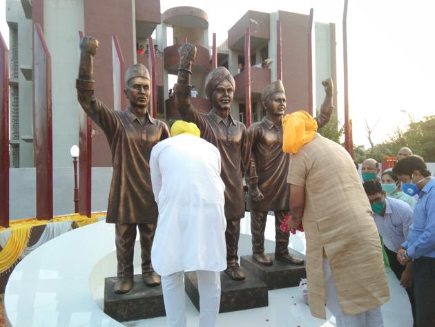 The statues of Bhagat Singh, Rajguru and Sukhdev.(HT Photo)