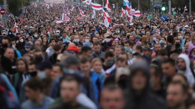 Hundreds of thousands of Belarusians have been protesting daily since the Aug. 9 presidential election, which officials claim handed Lukashenko, a 66-year-old former state farm director, a victory with 80% of the vote.(via Reuters) Hundreds of thousands of Belarusians have been protesting daily since the Aug. 9 presidential election, which officials claim handed Lukashenko, a 66-year-old former state farm director, a victory with 80% of the vote.(via Reuters)