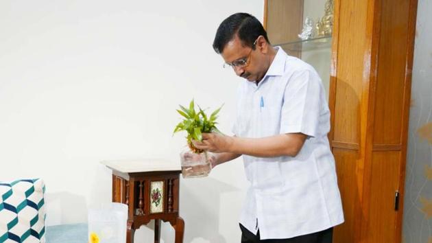 Kejriwal inspects his house for stagnant water.(HT Photo)
