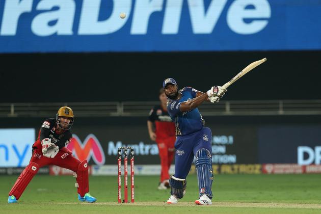 Dubai: Mumbai Indians batsman Kieron Pollard plays a shot during the Indian Premier League 2020 cricket match against Royal Challengers Bangalore, at Dubai International Cricket Stadium, Dubai, Monday, Sept. 28, 2020. (PTI Photo/Sportzpics for BCCI)(PTI28-09-2020_000244B) (PTI) Dubai: Mumbai Indians batsman Kieron Pollard plays a shot during the Indian Premier League 2020 cricket match against Royal Challengers Bangalore, at Dubai International Cricket Stadium, Dubai, Monday, Sept. 28, 2020. (PTI Photo/Sportzpics for BCCI)(PTI28-09-2020_000244B) (PTI)