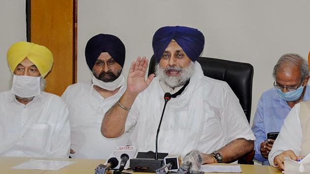 Shiromani Akali Dal president Sukhbir Singh Badal addresses a press conference after SAD’s core committee meeting, as he announces the party's decision to quit National Democratic Alliance, in Chandigarh on Saturday.(PTI Photo)
