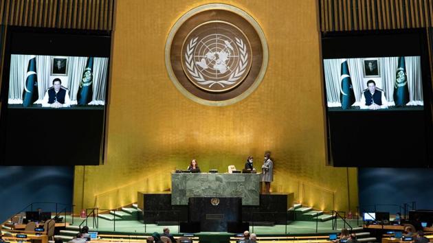 This UN handout photo shows Pakistan Prime Minister Imran Khan address the general debate of the 75th session of the United Nations General Assembly on September 25. (AFP) This UN handout photo shows Pakistan Prime Minister Imran Khan address the general debate of the 75th session of the United Nations General Assembly on September 25. (AFP)