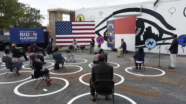 Democratic vice presidential nominee Senator Kamala Harris speaks at a Shop Talk held outside Whites Barbershop ahead of the first presidential debate in Raleigh on September 28. (D. Davis / AFP)