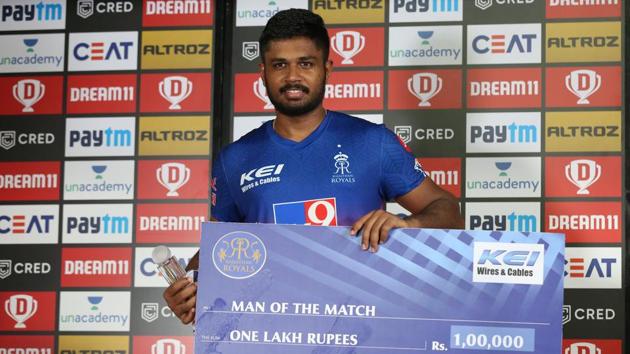 Sanju Samson of Rajasthan Royals received man of the match award during match 9 of season 13 of the Indian Premier League (IPL).(Sportzpics for BCCI)