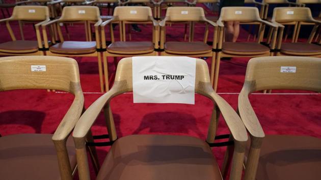 A sign marks a seat for first lady Melania Trump as preparations take place for the first presidential debate in the Sheila and Eric Samson Pavilion in Cleveland on September 28. In addition to the debate being televised this year due to coronavirus concerns, only a small number of ticketed guests will be allowed to attend the debate at Case Western Reserve University. (Patrick Semansky / AP)