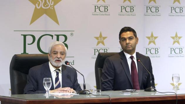 In this Feb. 10, 2019, photo, Pakistan Cricket Board's new managing director Wasim Khan, right, looks on during a press conference with the PCB Chairman Ehsan Mani in Lahore.(AP)