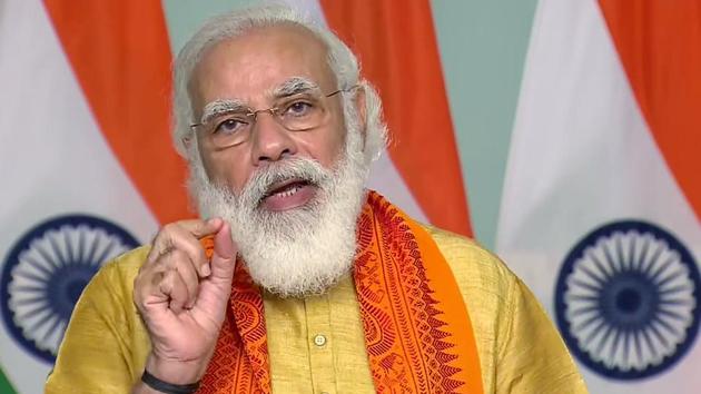 Prime Minister Narendra Modi addresses after inaugurating six mega projects in Uttarakhand under the Namami Gange Mission via video conference, in New Delhi on Tuesday.(ANI)