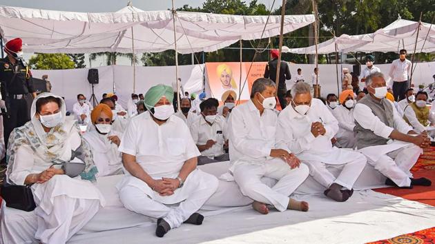 Punjab CM Amarinder Singh at a protest over farm laws, at Khatkar Kalan, Bhagat Singh’s village, in Punjab on Monday.(PTI Photo)