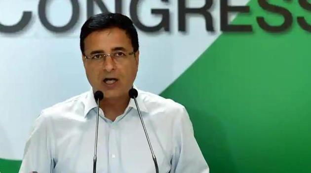 Congress leader Randeep Singh Surjewala addresses a press conference in New Delhi.(PTI photo)