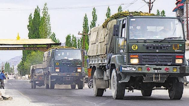An army convoy moves towards LAC, amid India-China border dispute in eastern Ladakh, in Leh.(PTI File Photo) An army convoy moves towards LAC, amid India-China border dispute in eastern Ladakh, in Leh.(PTI File Photo)