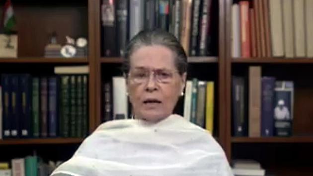 Congress President Sonia Gandhi during her video addresses on the Hathras gang rape case.(ANI)