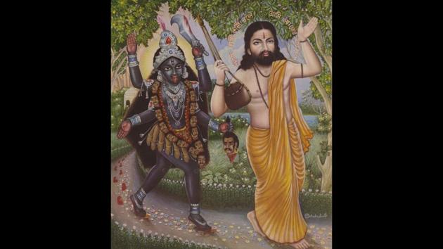 Print of Ramprasad Sen with the goddess Kali, signed P Chakraborty, Bengal, India, 20th century. This print shows the goddess Kali as a revolutionary force shadowing Sen, an 18th-century Kali devotee and poet. It’s considered by some to be an early example of the country represented as Motherland. (Courtesy Trustees of the British Museum)