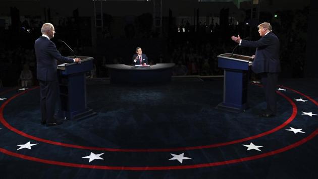 US President Donald Trump and Democratic presidential nominee Joe Biden during their first 2020 US presidential debate, moderated by Chris Wallace on September 29. Wallace never established control of the debate, with Trump repeatedly ignoring his calls to let Biden speak. “I think that the country would be better served if we allowed both people to speak with fewer interruptions. I’m appealing to you, sir, to do that,” Wallace said. (Olivier Douliery via AP)