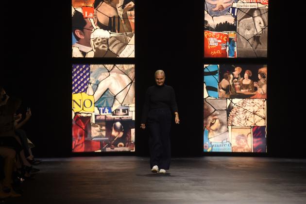 Fashion designer Maria Grazia Chiuri greets the audience after Dior's Women Spring Summer 2021 ready-to-wear fashion show during Paris Fashion Week in Paris, on September 29, 2020. (AFP)
