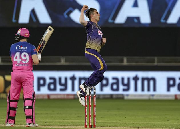 Dubai: Kolkata Knight Riders player Pat Cummins celebrates the wicket of Rajasthan Royals batsman Steve Smith during the Indian Premier League 2020 cricket match, at Dubai International Cricket Stadium, Dubai, Wednesday, Sept. 30, 2020. (PTI Photo/Sportzpics for BCCI)(PTI30-09-2020_000278B) (PTI)