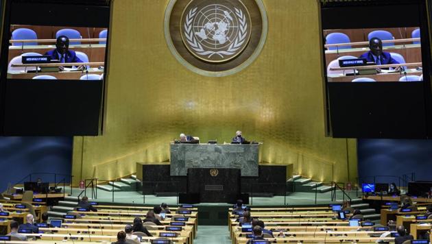 In this UN Photo, Kennedy Gastorn, Permanent Mission of the United Republic of Tanzania to the United Nations, is shown on video monitors as he speaks in person, during the 75th session of the United Nations General Assembly.(AP) In this UN Photo, Kennedy Gastorn, Permanent Mission of the United Republic of Tanzania to the United Nations, is shown on video monitors as he speaks in person, during the 75th session of the United Nations General Assembly.(AP)