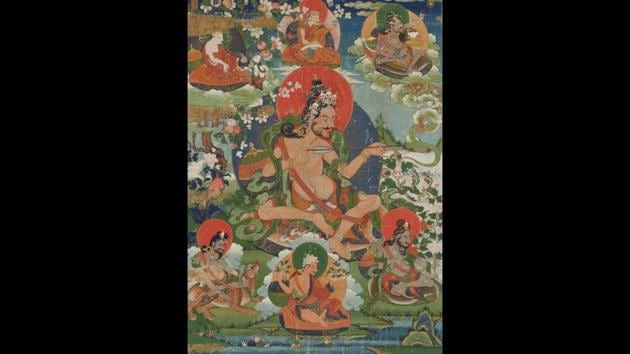 Thangka (painting on textile) depicting Saraha and other Mahasiddhas, Tibet, 18th century. Saraha was one of the great Tantric masters, or mahasiddhas. Tibet is the home of one of the popular schools of Tantric Buddhism, the Vajrayana. (Courtesy British Museum)