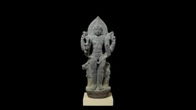Granite sculpture of the god Bhairava, Tamil Nadu, India, 11th century. Bhairava is considered a reincarnation of Shiva (revered in Tantra philosophy for his delight in defying conventions and boundaries). Bhairava is believed to have emerged from Shiva’s nail to chop off one of Brahma's heads in order to cut him to size. (Courtesy British Museum)