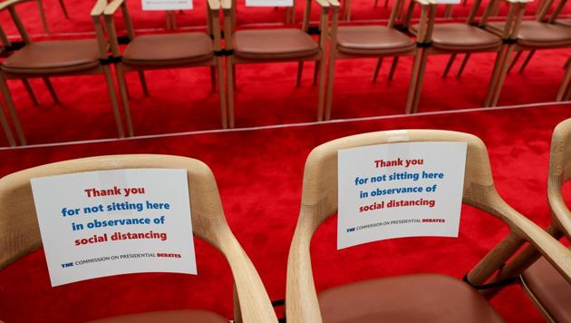 Signs direct attendees to leave specific seats empty for purposes of social distancing during the coronavirus disease (Covid-19) pandemic as the debate hall awaits US President Donald Trump and Democratic US presidential nominee and former Vice President Joe Biden before their first presidential debate.(Reuters Photo)