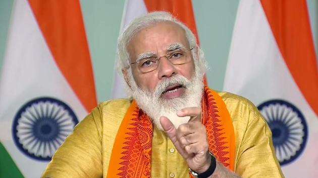 Prime Minister Narendra Modi addressing after inaugurating six mega projects in Uttarakhand under the Namami Gange Mission via video conference on Tuesday.(ANI Photo)