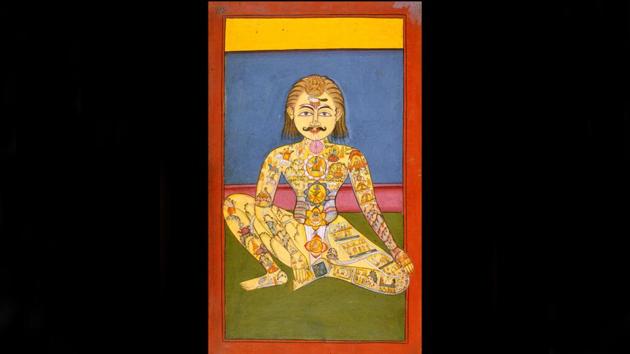 Page from Hatha yoga manuscript depicting the ‘yogic body’. India, early 19th century. This page depicts the yogic body with a focus on the Kundalini, imagined as a serpent (representing power), coiled at the base of the spine. (Courtesy British Library Board)