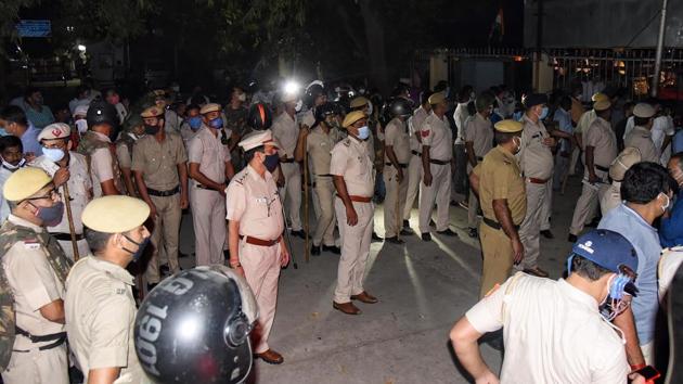 Security heightened outside Safdarjung Hospital, where Congress & Bhim Army workers are holding a protest demanding justice for Hathras gang-rape victim, in New Delhi on Tuesday.(ANI)