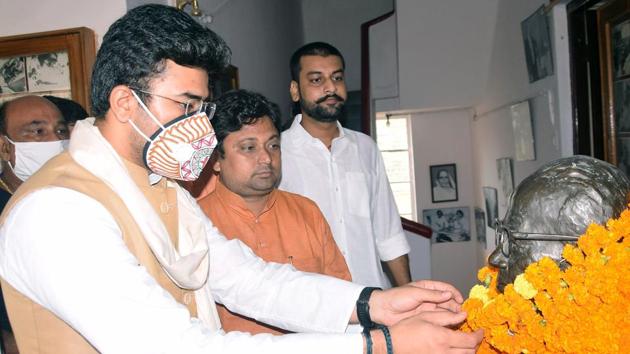 Tejasvi Surya is the newly appointed Bharatiya Janata Yuva Morcha president.(ANI PHOTO.)