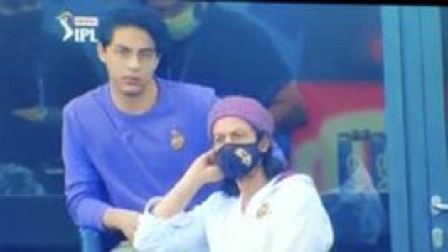 Shah Rukh Khan watches the KKR vs RR IPL match with son Aryan.