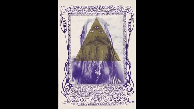 ‘Human Be-in,’ poster 1967, USA. This poster designed by Stanley Mouse and Alton Kelley (photograph by Casey Sonnabend) advertises the Human Be-In festival, held in San Francisco, which heralded the Summer of Love. “Yoga and meditation were promoted as transformative practices that could inspire minds to challenge the status quo. The poster includes a portrait of a yogi taken in Nepal. Yogis captured the popular imagination in the West as countercultural role models,” curator Imma Ramos, writes in the exhibition blog. (Courtesy Trustees of British Museum)