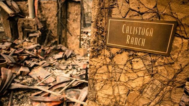 The rubble that was once the main building at Calistoga Ranch is pictured after the Glass Fire passed through Napa Valley on September 30. Calistoga Ranch, a winery inspired by a 13th century Tuscan castle was also entirely consumed by the fire. A Reuters photographer present on site said that the evacuation left Calistoga looking like a ghost town. (Samuel Corum / AFP)