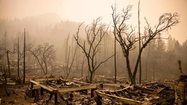 Remains of guest houses are seen at Calistoga Ranch after being engulfed by the Glass Fire in Napa Valley on September 30. According to an AFP report, at least a dozen wineries and vineyards have been engulfed by the Glass Fire which broke out earlier this week. (Samuel Corum / AFP)