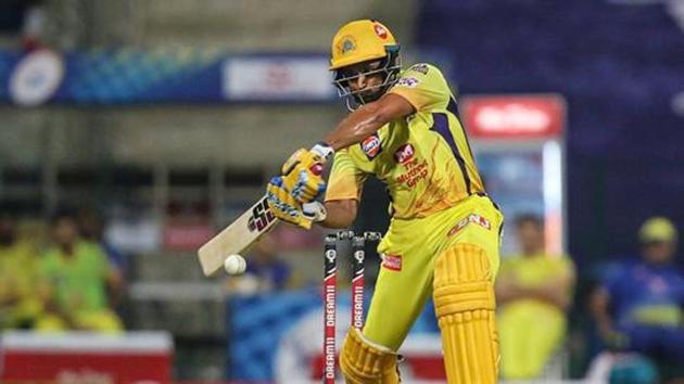 CSK player Ambati Rayudu plays a shot during the first cricket match of IPL 2020 against Mumbai Indians, at Sheikh Zayed Stadium, Abu Dhabi, UAE.(PTI)