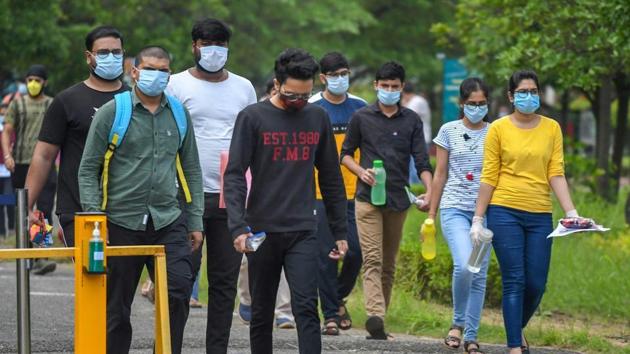 Bhopal: Aspirants come out of an examination centre after appearing in IIT-JEE exams, in Bhopal, Tuesday, Sept. 1, 2020. (PTI Photo) (PTI01-09-2020_000147B)(PTI) Bhopal: Aspirants come out of an examination centre after appearing in IIT-JEE exams, in Bhopal, Tuesday, Sept. 1, 2020. (PTI Photo) (PTI01-09-2020_000147B)(PTI)
