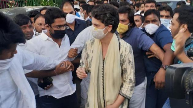Priyanka Gandhi arrives at the Valmiki temple in Delhi to attend prayer meet for Hathras victim. (HT Photo) Priyanka Gandhi arrives at the Valmiki temple in Delhi to attend prayer meet for Hathras victim. (HT Photo)