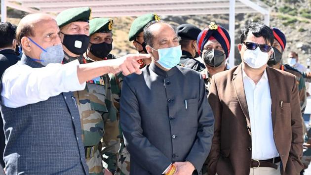 Union defence minister Rajnath Singh and chief minister Jai Ram Thakur inspect the Atal tunnel in Manali on Friday. (Aqil khan/HT) Union defence minister Rajnath Singh and chief minister Jai Ram Thakur inspect the Atal tunnel in Manali on Friday. (Aqil khan/HT)