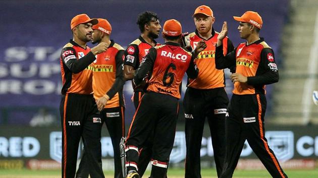 Sunrisers Hyderabad players celebrate the wicket of Nitesh Rana of Kolkata Knight Riders during their Indian Premier League 2020 cricket match.(PTI)