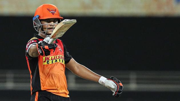 Dubai: Sunrisers Hyderabad batsman Priyam Garg raises his bat after scoring a half century during the Indian Premier League 2020 cricket match against Chennai Super Kings, at Dubai International Cricket Stadium, in Dubai, Friday, Oct. 2, 2020. (PTI Photo/Sportzpics for BCCI)(PTI02-10-2020_000314A) (PTI)