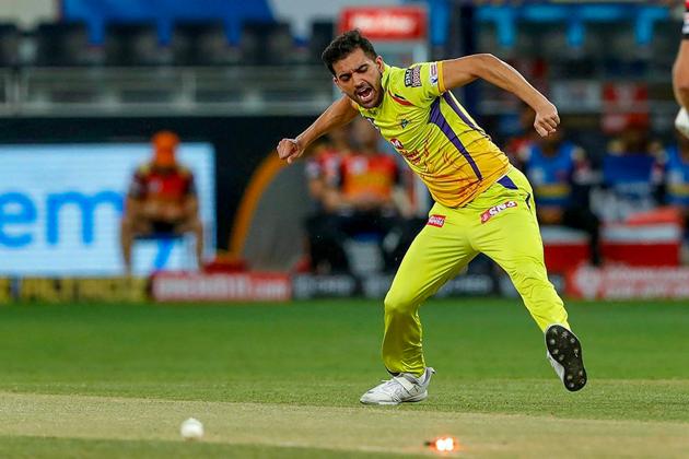 Dubai: Chennai Super Kings player Deepak Chahar celebrates the wicket of Sunrisers Hyderabad batsman Jonny Bairstow during the Indian Premier League 2020 cricket match, at Dubai International Cricket Stadium, in Dubai, Friday, Oct. 2, 2020. (PTI Photo/Sportzpics for BCCI)(PTI02-10-2020_000316B) (PTI)
