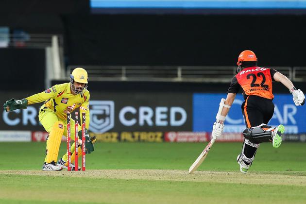 Dubai: Chennai Super Kings captain MS Dhoni runs out Sunrisers Hyderabad batsman Kane Williamson during the Indian Premier League 2020 cricket match, at Dubai International Cricket Stadium, in Dubai, Friday, Oct. 2, 2020. (PTI Photo/Sportzpics for BCCI)(PTI02-10-2020_000302A) (PTI)