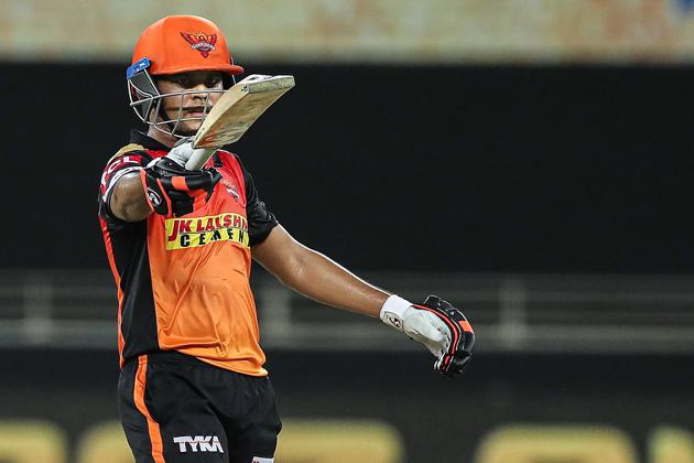 Dubai: Sunrisers Hyderabad batsman Priyam Garg raises his bat after scoring a half century during the Indian Premier League 2020 cricket match against Chennai Super Kings, at Dubai International Cricket Stadium, in Dubai, Friday, Oct. 2, 2020. (PTI Photo/Sportzpics for BCCI)(PTI02-10-2020_000314A) (PTI)