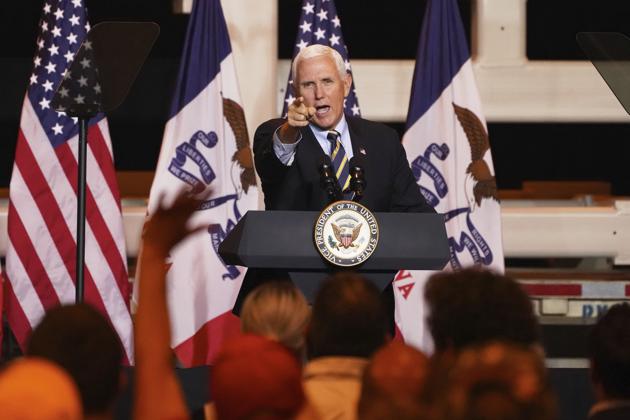 Vice President Mike Pence speaks during a Make America Great Again event in Carter Lake, Iowa, Thursday, Oct. 1, 2020. (AP Photo/Nati Harnik) Vice President Mike Pence speaks during a Make America Great Again event in Carter Lake, Iowa, Thursday, Oct. 1, 2020. (AP Photo/Nati Harnik)
