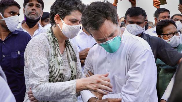 Congress leader Rahul Gandhi and All India Congress Committee (AICC) General Secretary Priyanka Gandhi Vadra along with party workers on their way to Hathras, to meet the victim’s family members at Yamuna Expressway in Greater Noida on October 1. Priyanka and Rahul Gandhi were blocked and arrested by Uttar Pradesh police as they set out to meet the victim’s family in Hathras, a congress worker told Reuters. (PTI) Congress leader Rahul Gandhi and All India Congress Committee (AICC) General Secretary Priyanka Gandhi Vadra along with party workers on their way to Hathras, to meet the victim’s family members at Yamuna Expressway in Greater Noida on October 1. Priyanka and Rahul Gandhi were blocked and arrested by Uttar Pradesh police as they set out to meet the victim’s family in Hathras, a congress worker told Reuters. (PTI)