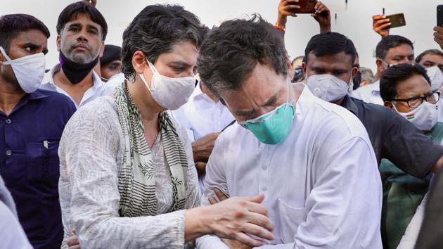 Congress leader Rahul Gandhi and AICC General Secretary Priyanka Gandhi along with party workers on their way to Hathras, to meet the family members of the alleged gang-rape victim, at Yamuna Expressway in Greater Noida on Thursday. (PTI) Congress leader Rahul Gandhi and AICC General Secretary Priyanka Gandhi along with party workers on their way to Hathras, to meet the family members of the alleged gang-rape victim, at Yamuna Expressway in Greater Noida on Thursday. (PTI)