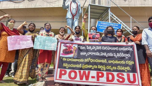 Members of POW-PDSU in Hyderabad shout slogans during a protest over alleged gangrape of a 19-year-old girl in UP's Hathras. (PTI Photo) Members of POW-PDSU in Hyderabad shout slogans during a protest over alleged gangrape of a 19-year-old girl in UP's Hathras. (PTI Photo)