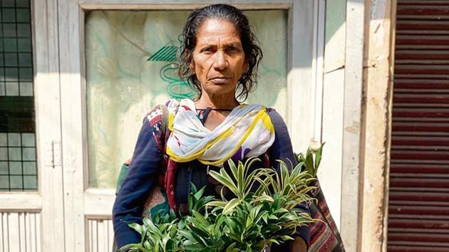 Geeta is a hawker of plants. One of the bags around her arms contains mats and seed packets and the other has ropes.(Mayank Austen Soofi)