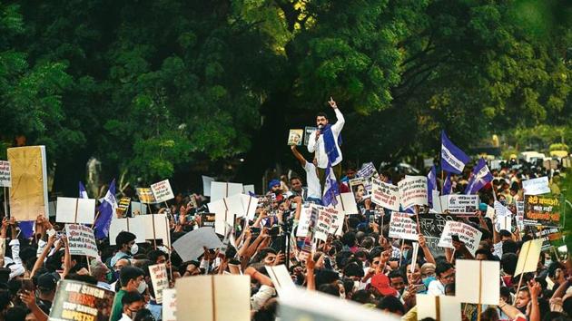 Bhim Army chief Chandrashekhar Azad during a protest against the alleged gang-rape of a 19-year-old Dalit woman in Uttar Pradesh’s Hathras, at Jantar Mantar in New Delhi.(PTI Photo)