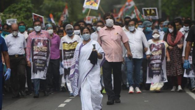 The TMC chief used the platform to lead an all-out attack against the BJP-led Union government starting from farm bills, to disinvestment plans and GST, unemployment among others. (SAMIR JANA/HT PHOTO.) The TMC chief used the platform to lead an all-out attack against the BJP-led Union government starting from farm bills, to disinvestment plans and GST, unemployment among others. (SAMIR JANA/HT PHOTO.)