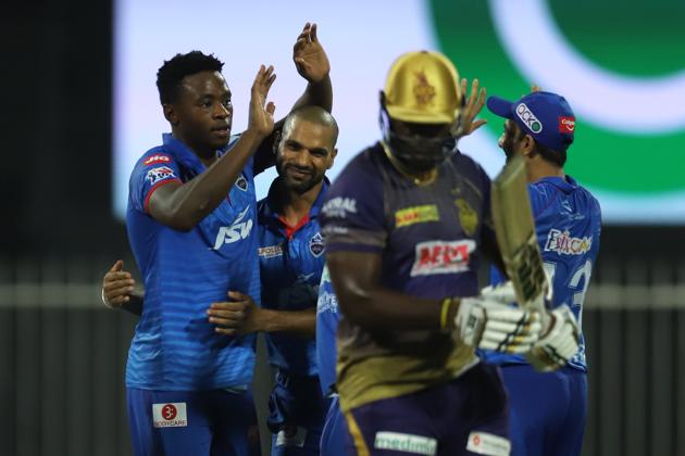 Kagiso Rabada celebrates after dismissing Kolkata Knight Riders’ Andre Russell in Sharjah.